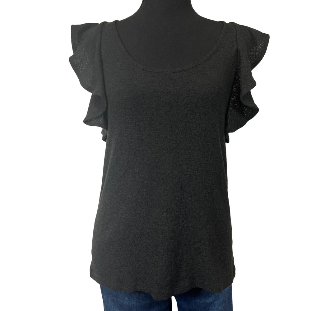Madewell Black Ruffle Cap Sleeve Tank Cotton Texture Knit Black XS Feminine Soft